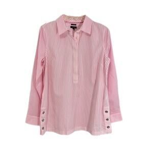 Talbots Non Iron Popover Tunic Top Size 6 Side Buttons Pink White Striped Stretc